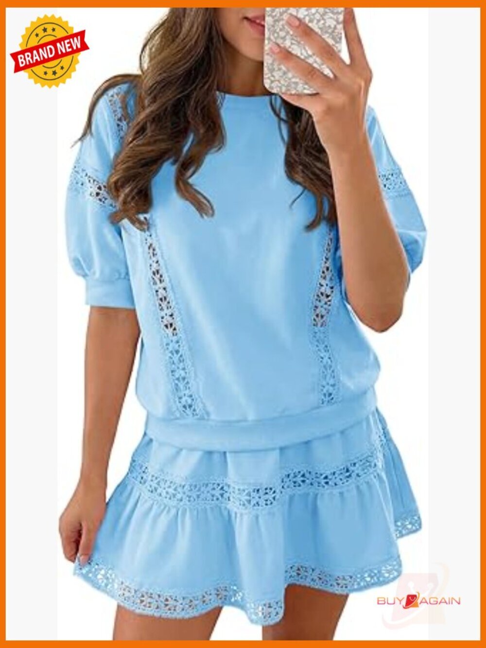 2 Piece Skirt Set with Lace Trim Puff Sleeve Top Skort Set